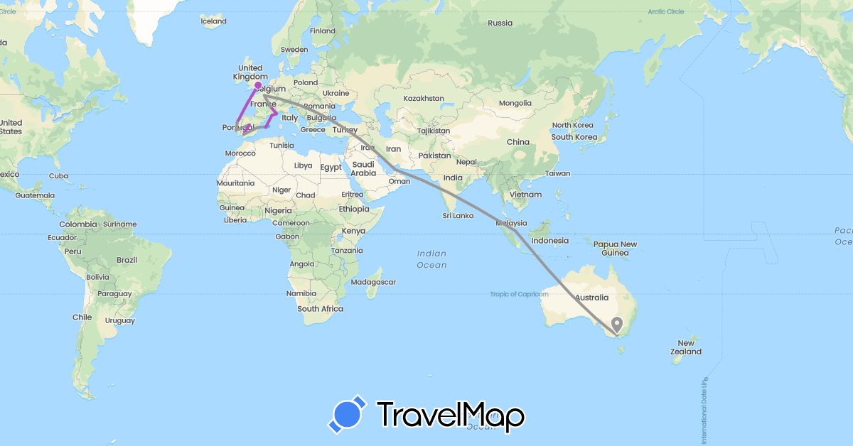 TravelMap itinerary: plane, train, boat in United Arab Emirates, Australia, Spain, France, United Kingdom, Portugal, Singapore (Asia, Europe, Oceania)